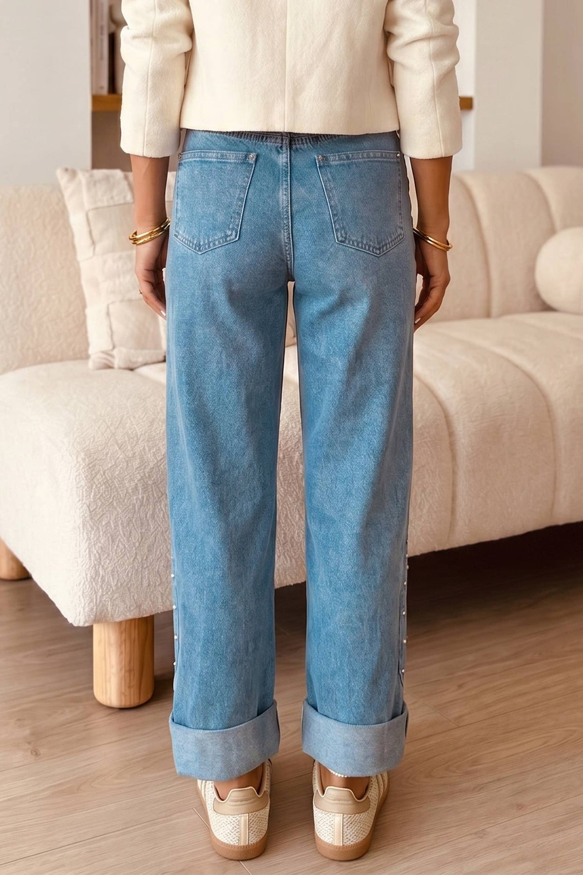 Blue Seam Rivet Detail Regular Fit Ankle Length Jeans