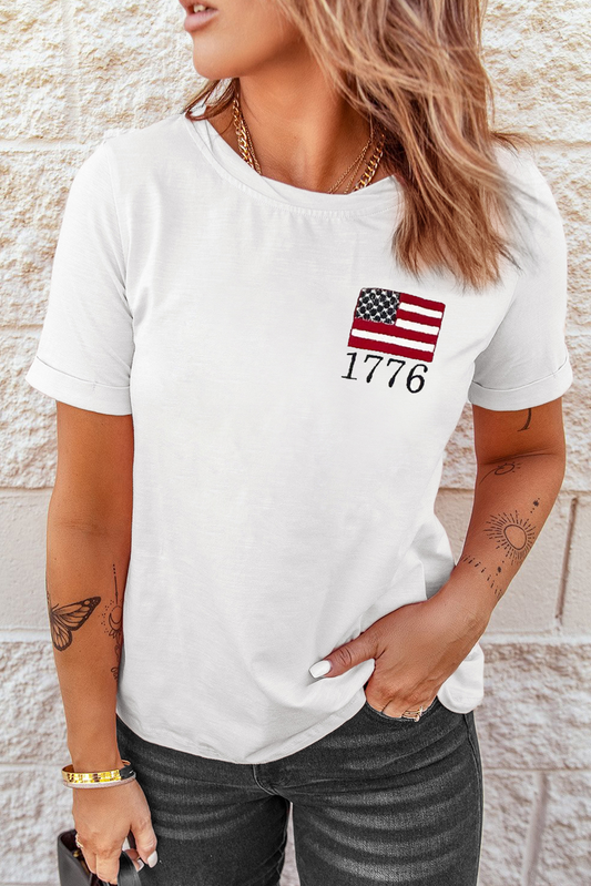 White American Flag 1776 Embroidered Tee