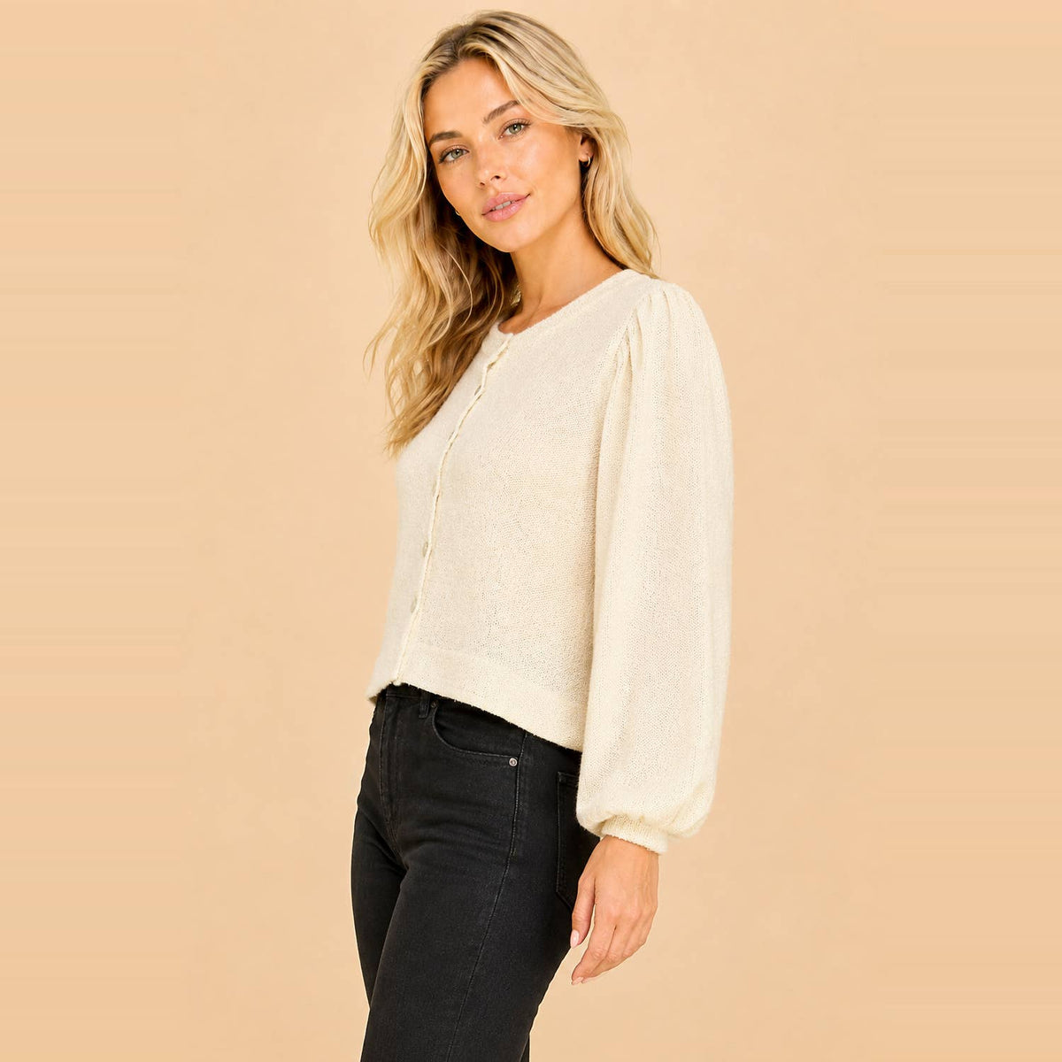 Soft Knit Button-Front Balloon Sleeve Cardigan