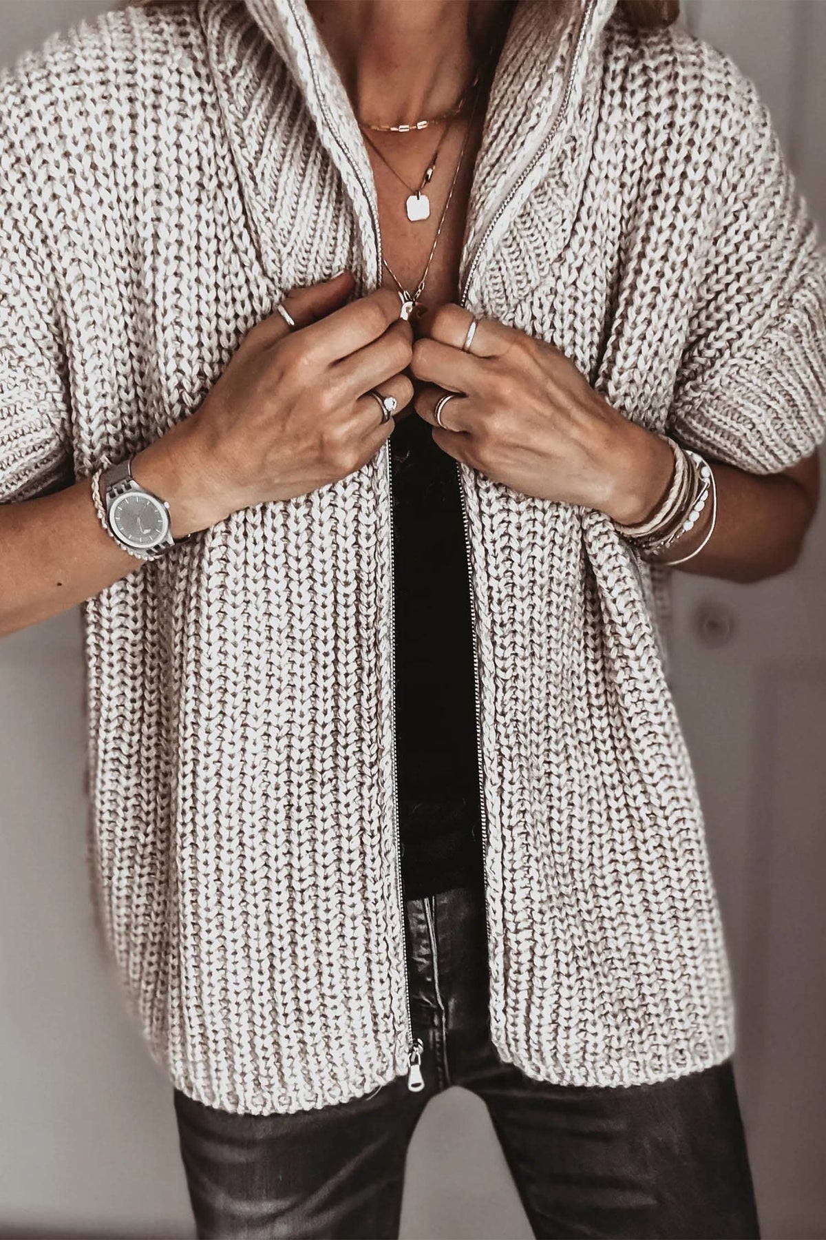 Textured Zip-Up Short Sleeve Sweater Cardigan