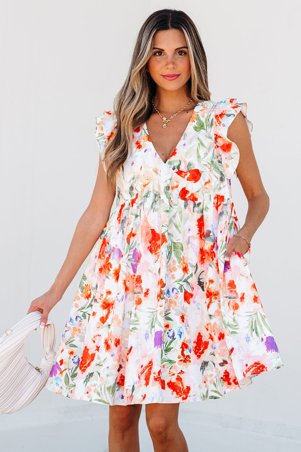 Pink Floral Double Ruffle Sleeve V Neck High Waist Dress