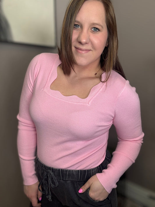 Pink Scalloped Neck Long Sleeve