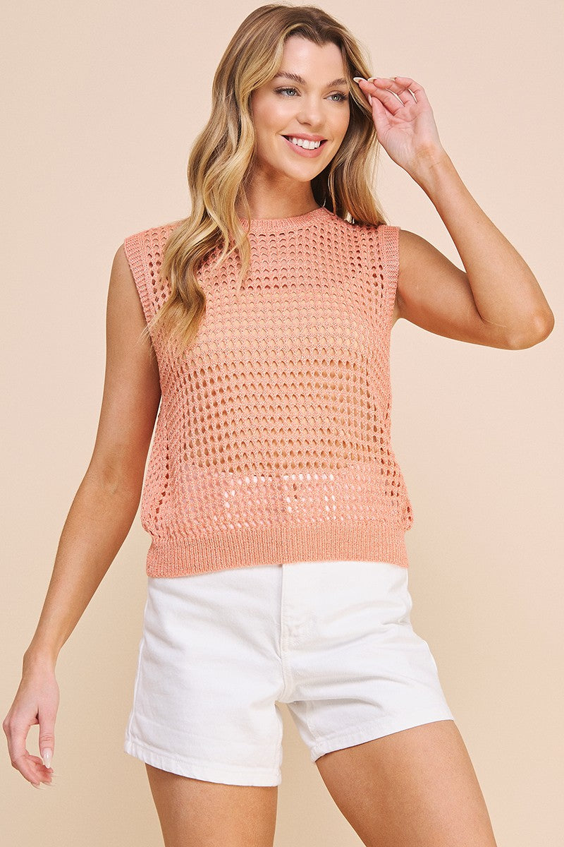Peach Open Weave Foil Knit Crochet Tank