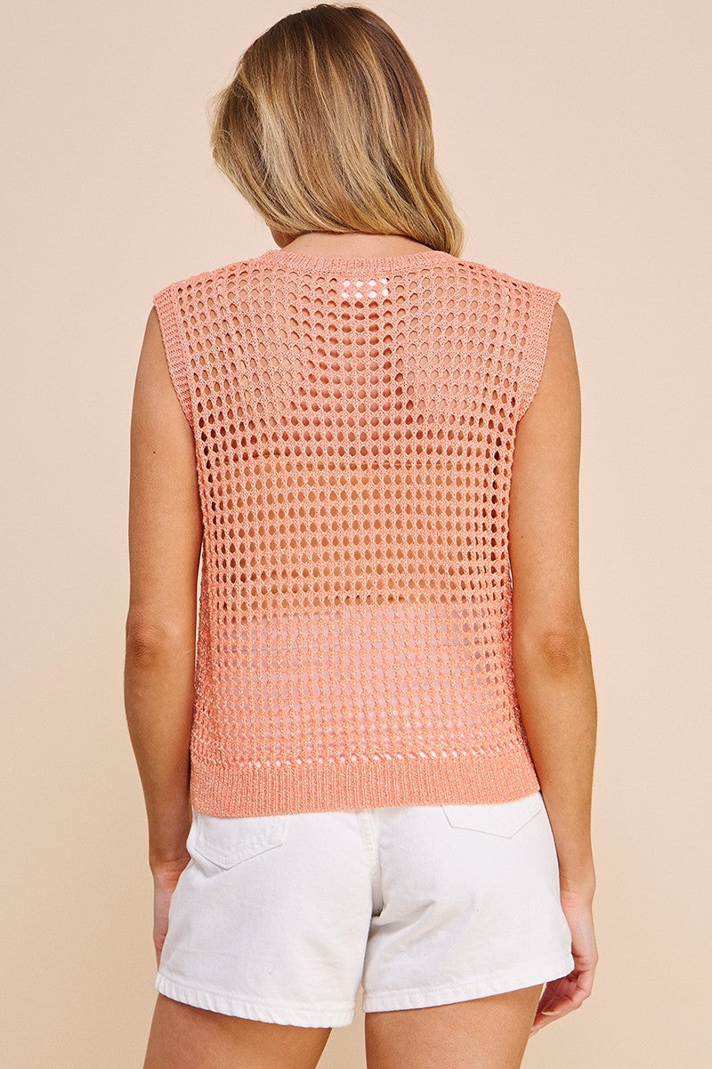 Peach Open Weave Foil Knit Crochet Tank