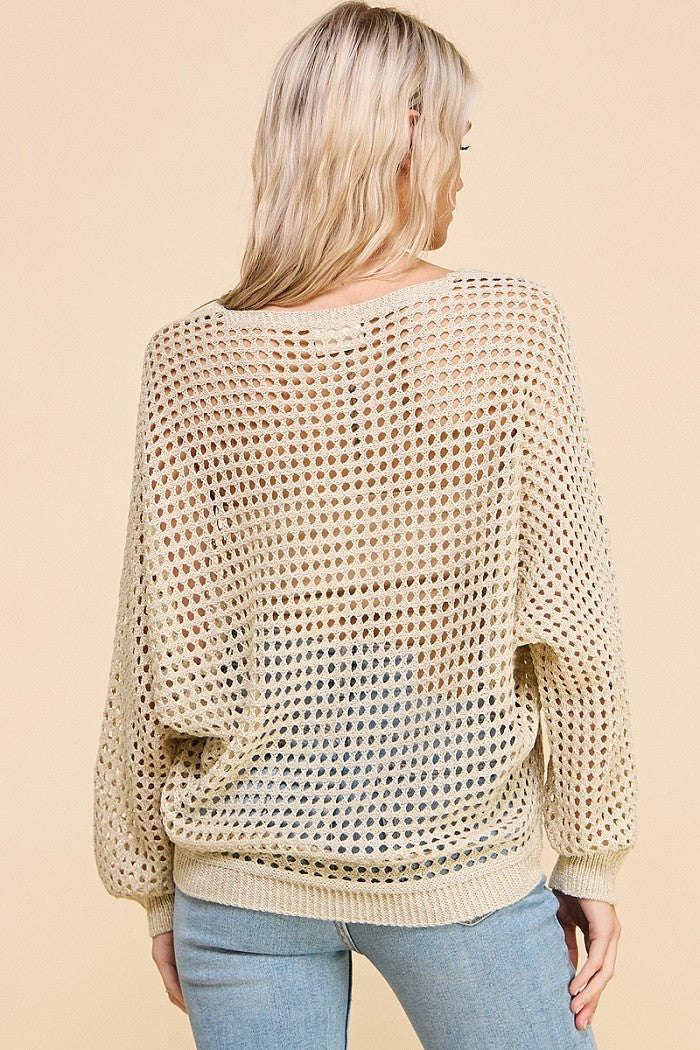 Cream Open Weave Foil Knit V-neck Sweater