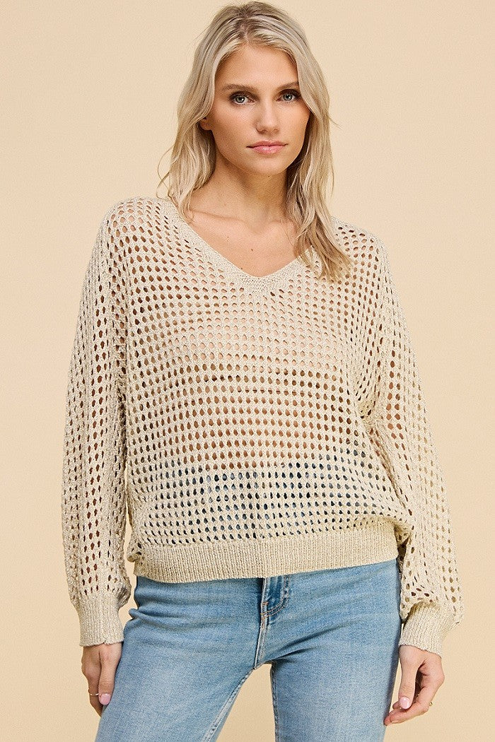 Cream Open Weave Foil Knit V-neck Sweater