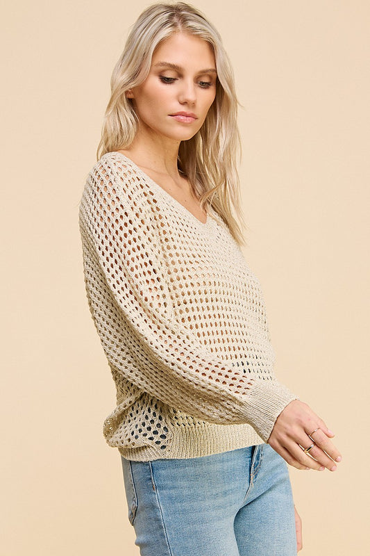 Cream Open Weave Foil Knit V-neck Sweater