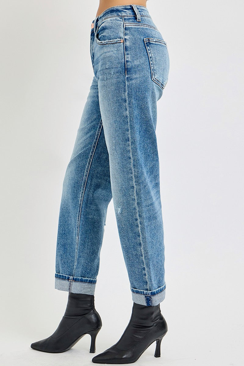 High Rise Ankle Boyfriend Distressed Jeans