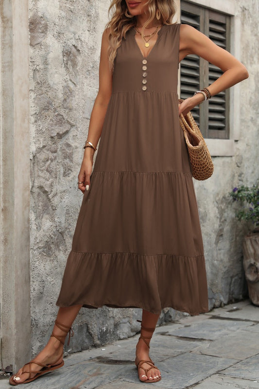 Brown V-neck Button Detail Tiered Dress