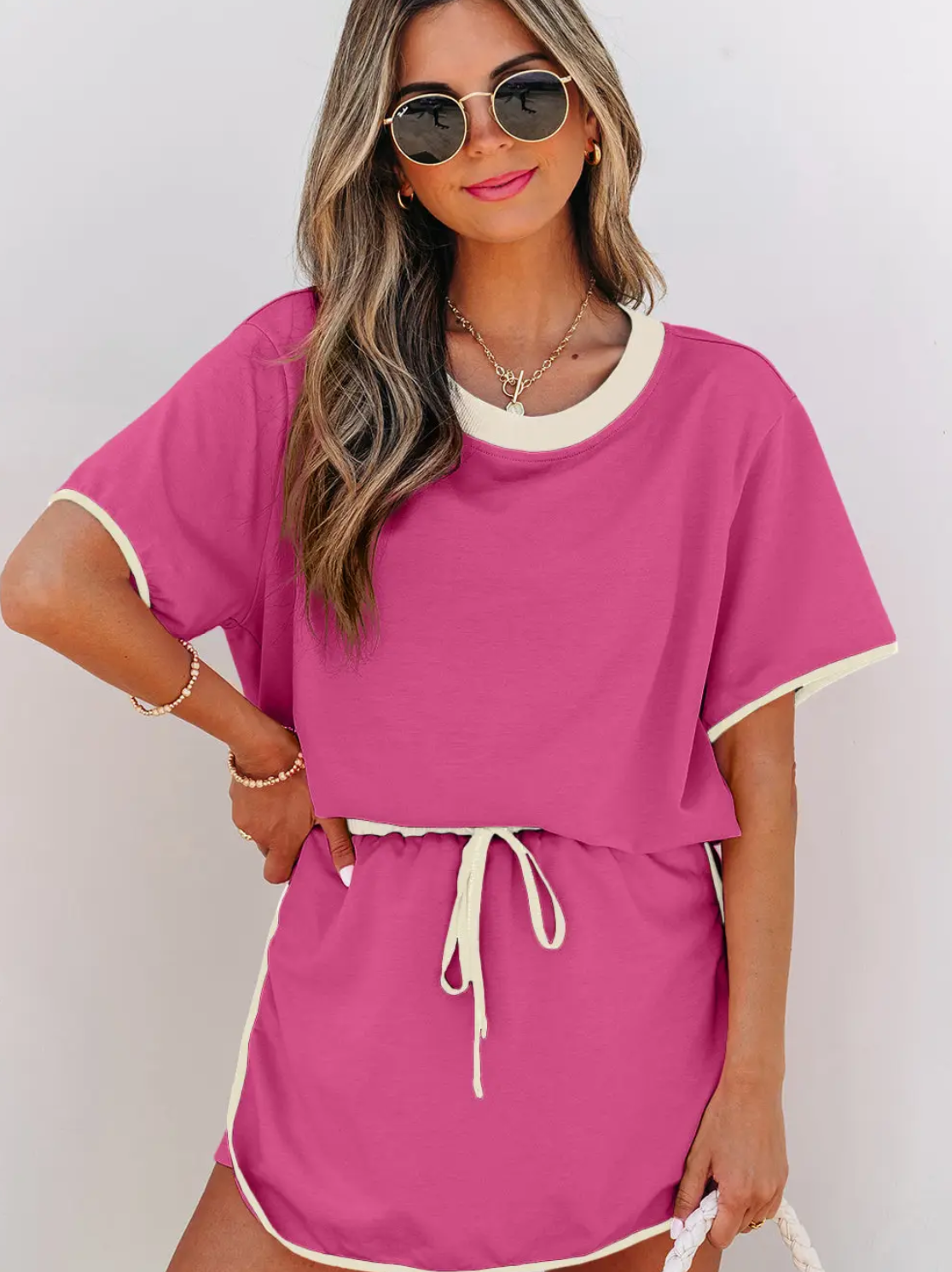 Bonbon Colorblock Trim Drop Shoulder Tee Skort Set