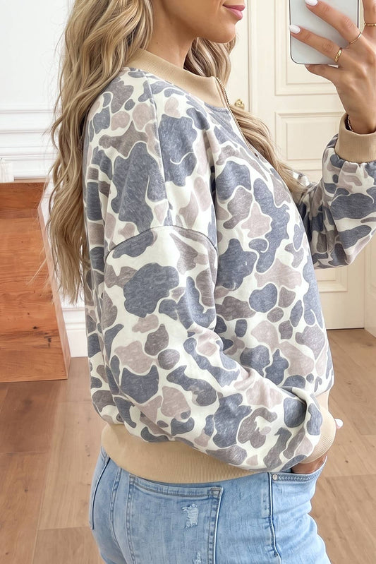 Camo Color Block Trim Zip Bomber Jacket