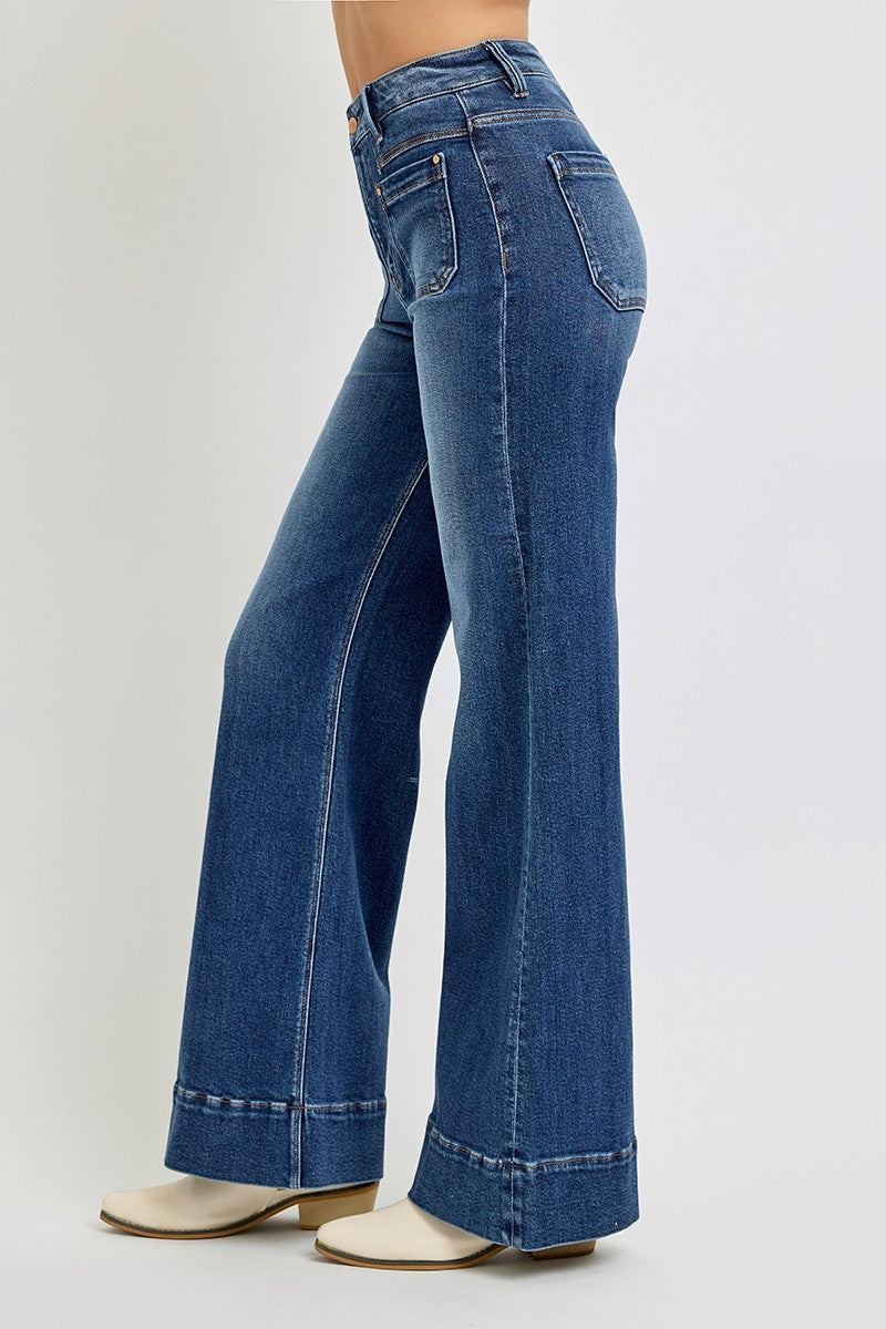 High Rise Wide Flare Patch Pocket Jeans