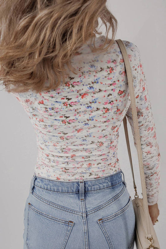 Floral Print Square Neck Long Sleeve Top