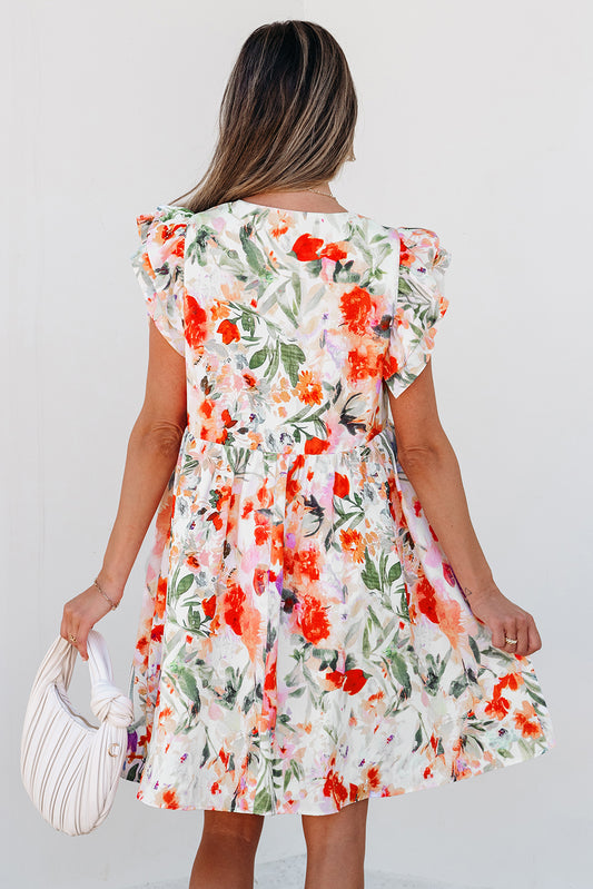 Pink Floral Double Ruffle Sleeve V Neck High Waist Dress