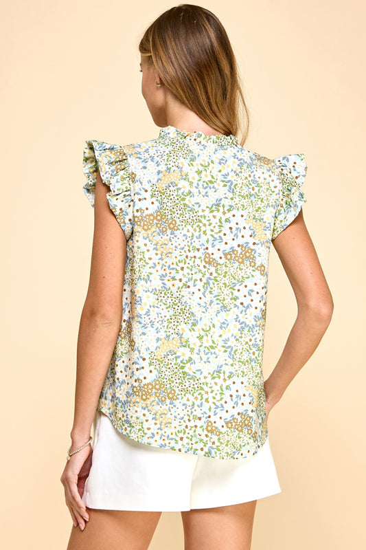 Floral Printed Ruffled Neck And Sleeves Top