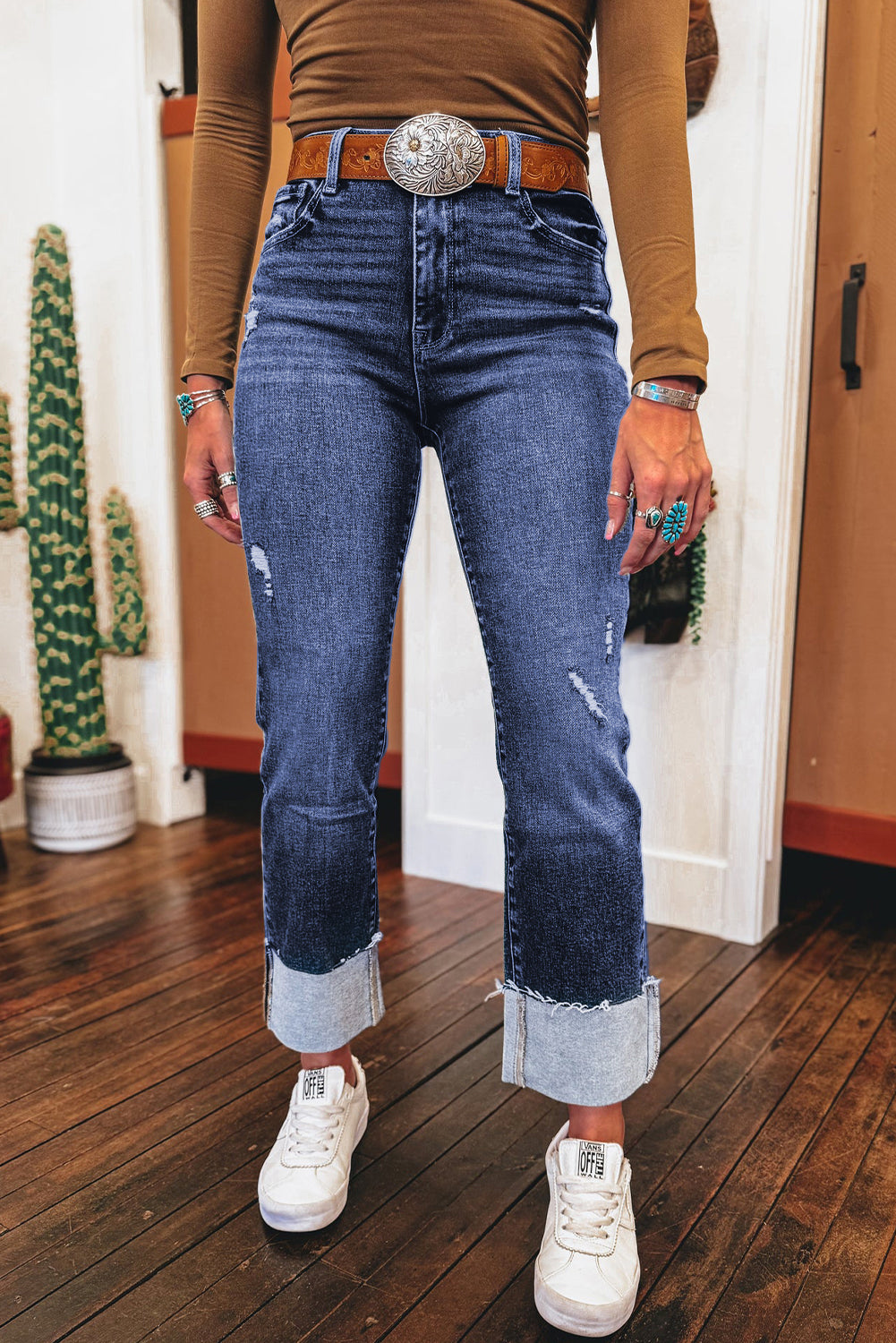 Folded Cuff Distressed Straight High Waist Jeans