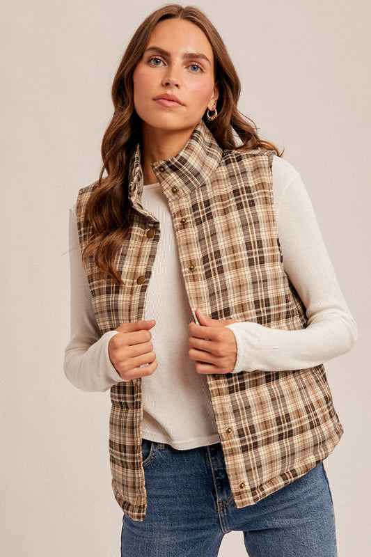 Plaid Puff Snap Button Down Vest With Pockets