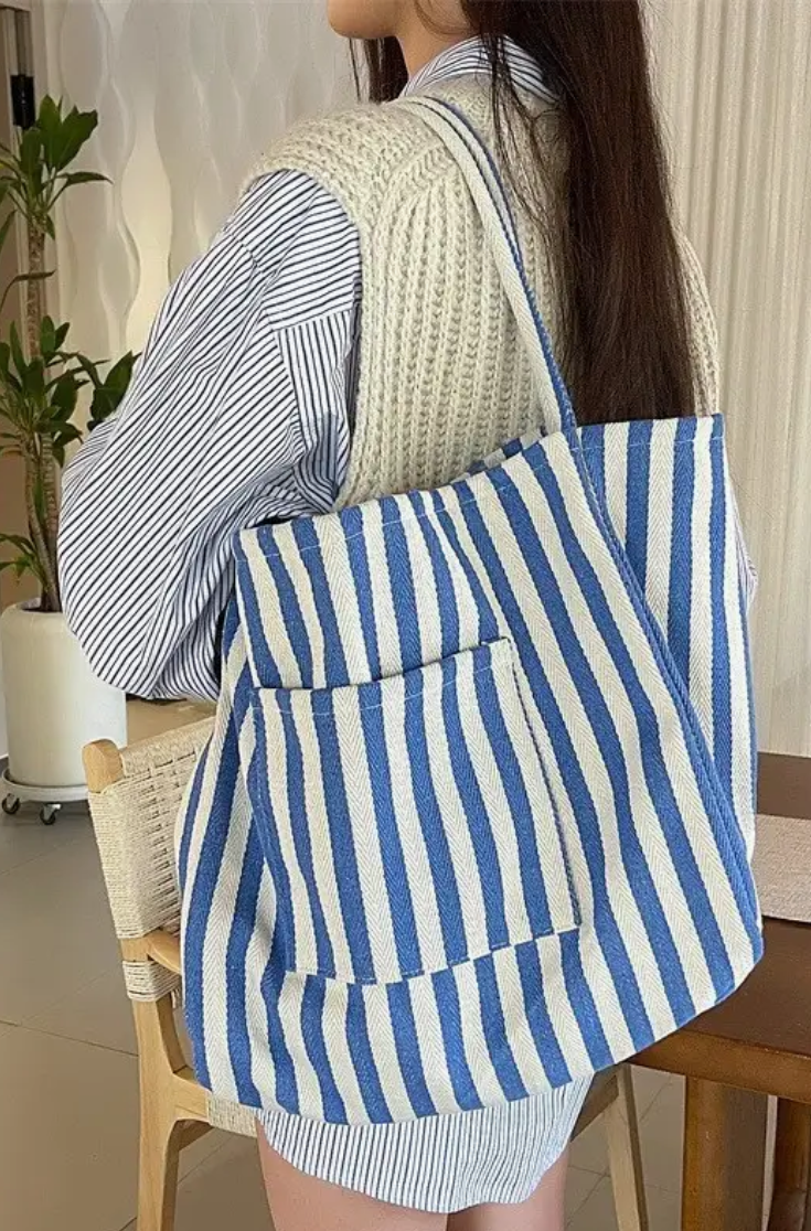 Striped Trending Double Pocket Tote Bag