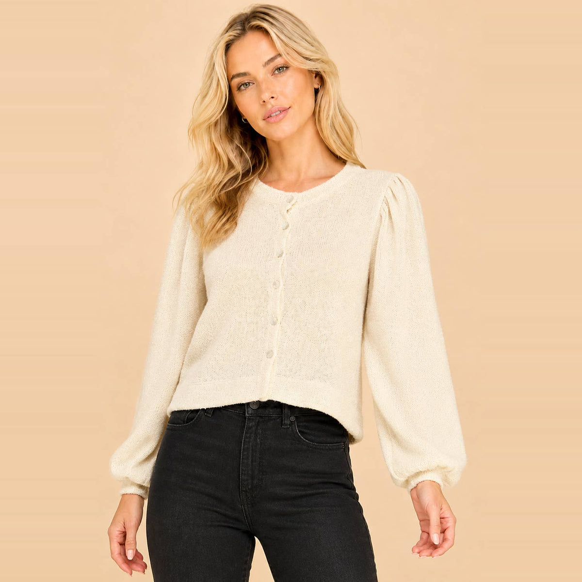 Soft Knit Button-Front Balloon Sleeve Cardigan