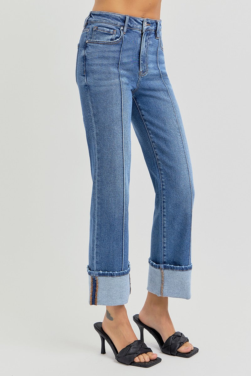 High Rise Ankle Straight Wide Cuffed Jeans
