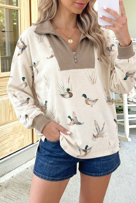 Wild Mallard Print Color Block Zip Neck Top