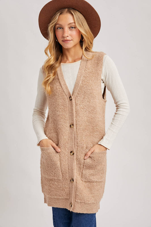 BUTTON DOWN V-NECK TEDDY KNIT LONG LINED VEST