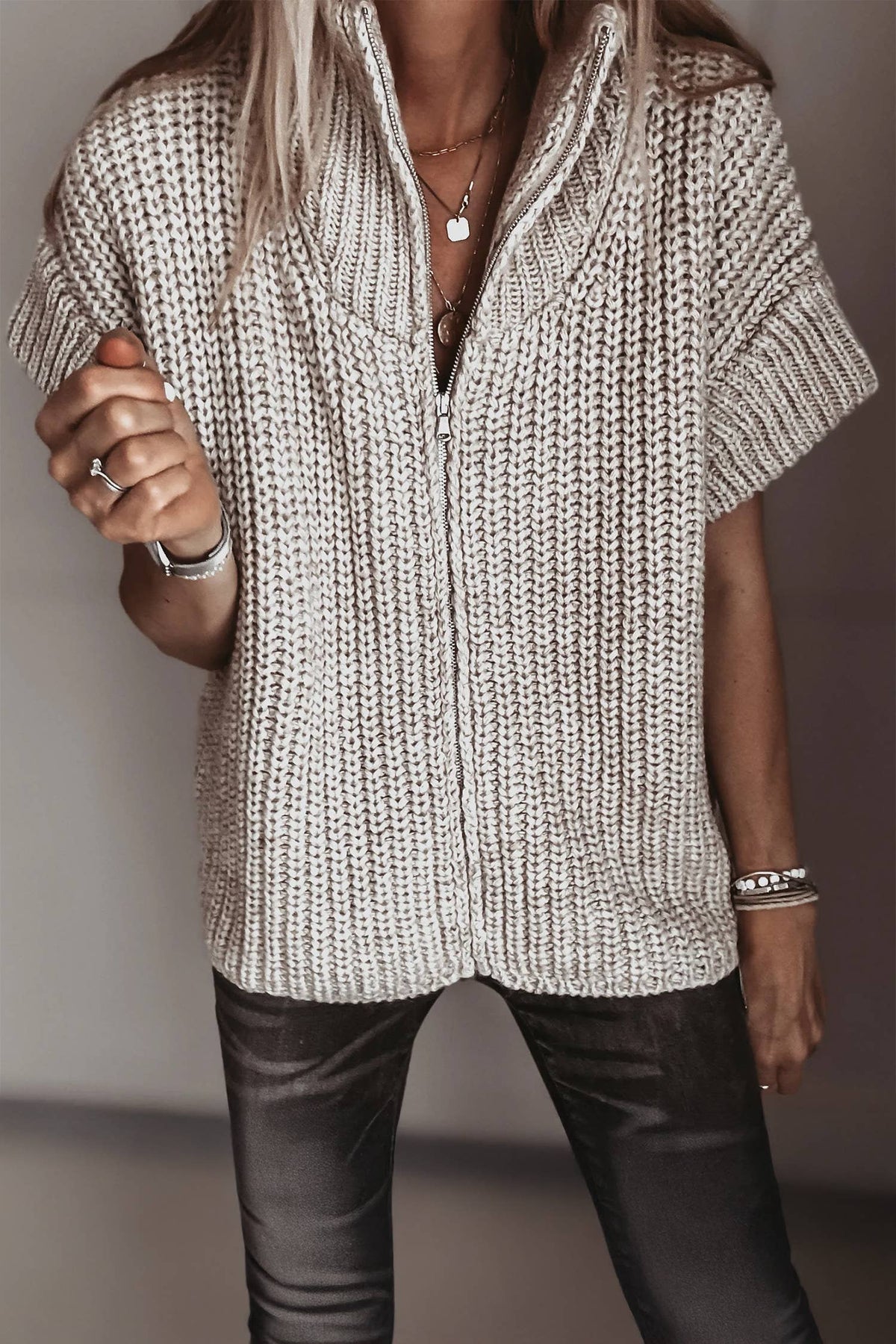 Textured Zip-Up Short Sleeve Sweater Cardigan