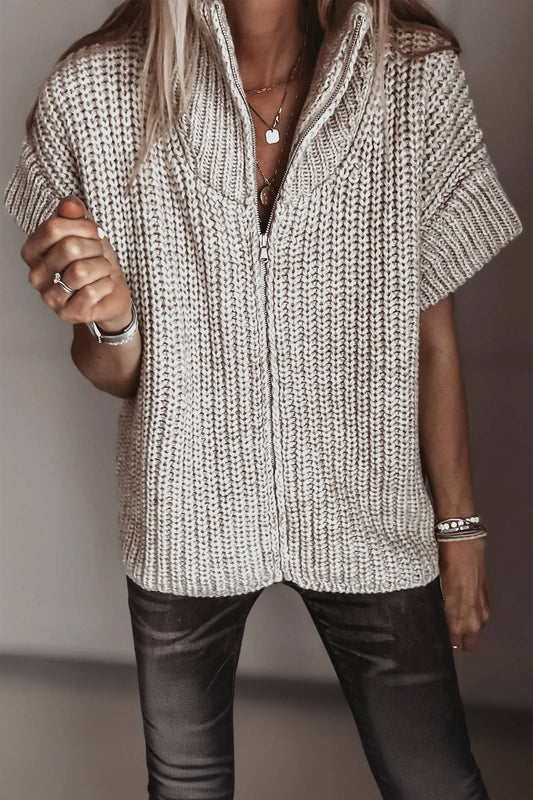Textured Zip-Up Short Sleeve Sweater Cardigan
