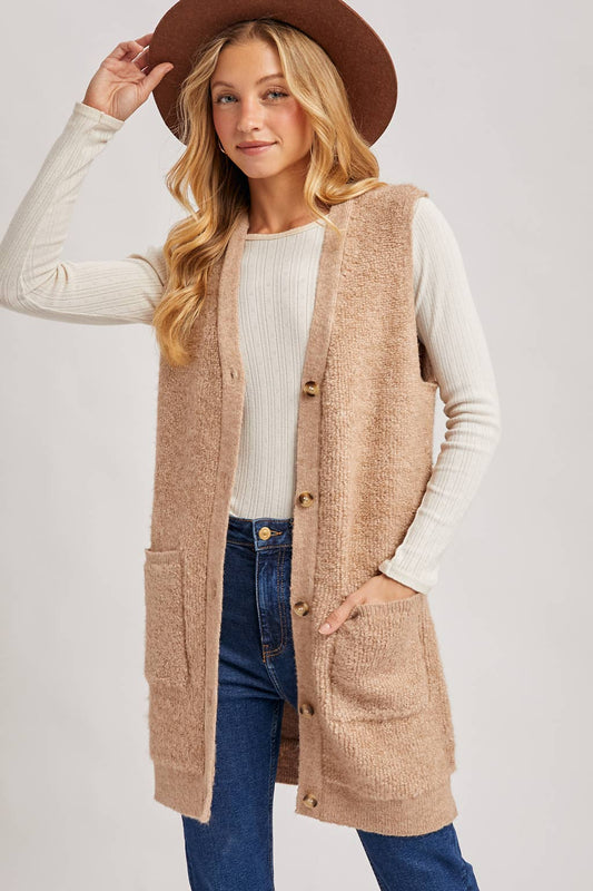 BUTTON DOWN V-NECK TEDDY KNIT LONG LINED VEST