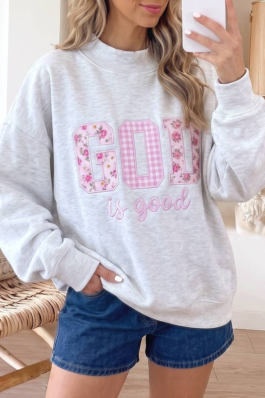 GOD IS GOOD Letter Mock neck Pullover Sweatshirt