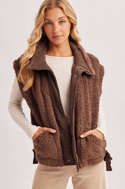 BUTTON DOWN MOCK NECK FLEECE SHERPA VEST