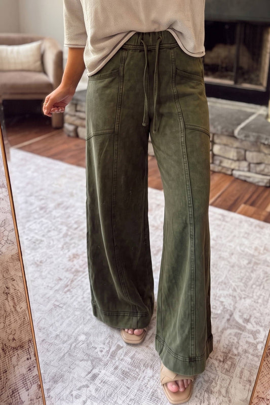 Mineral Wash Seam Flare Leg Drawstring Pants