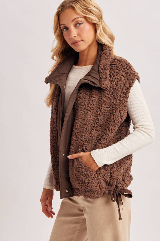 BUTTON DOWN MOCK NECK FLEECE SHERPA VEST