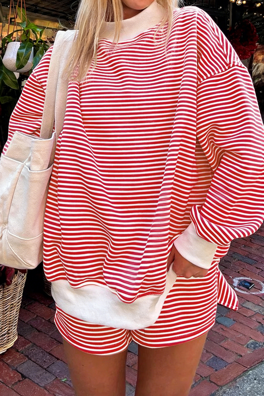 Stripe Oversize Mock Neck Sweatshirt and Shorts Set