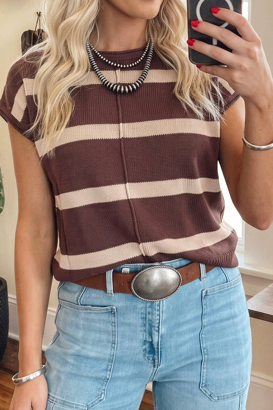 Western Stripe Crew Neck Cap Sleeve Sweater