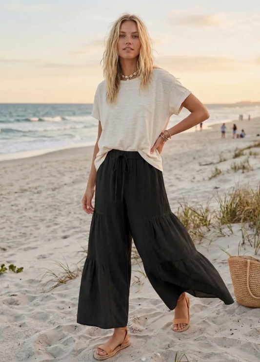 Linen Blend Tiered Wide Leg Palazzo Pants