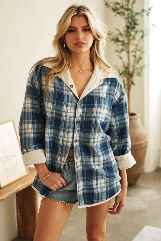 Reversable Blue Plaid & Cream Shacket