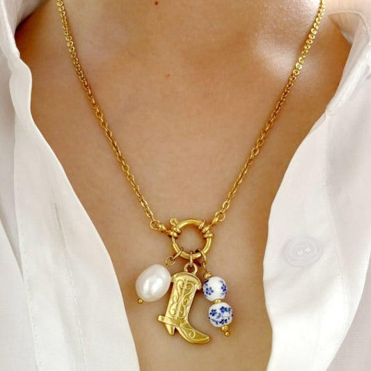 Western Floral Porcelain Pearl Charm Necklace