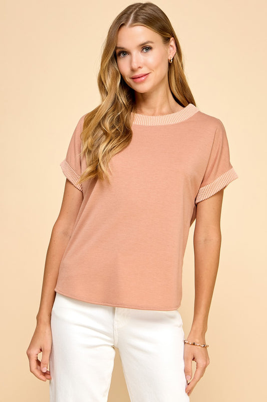 Solid Top with Ribbed Neck and Sleeve Detail