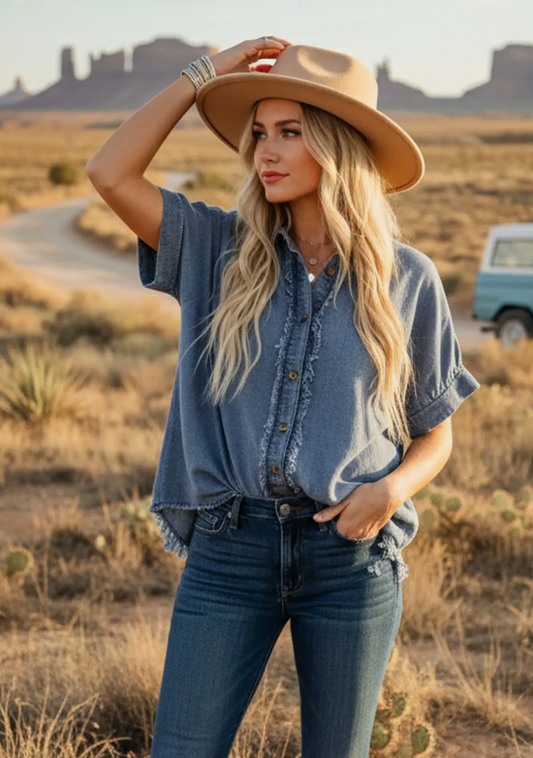 Frayed Trim Denim Button Top