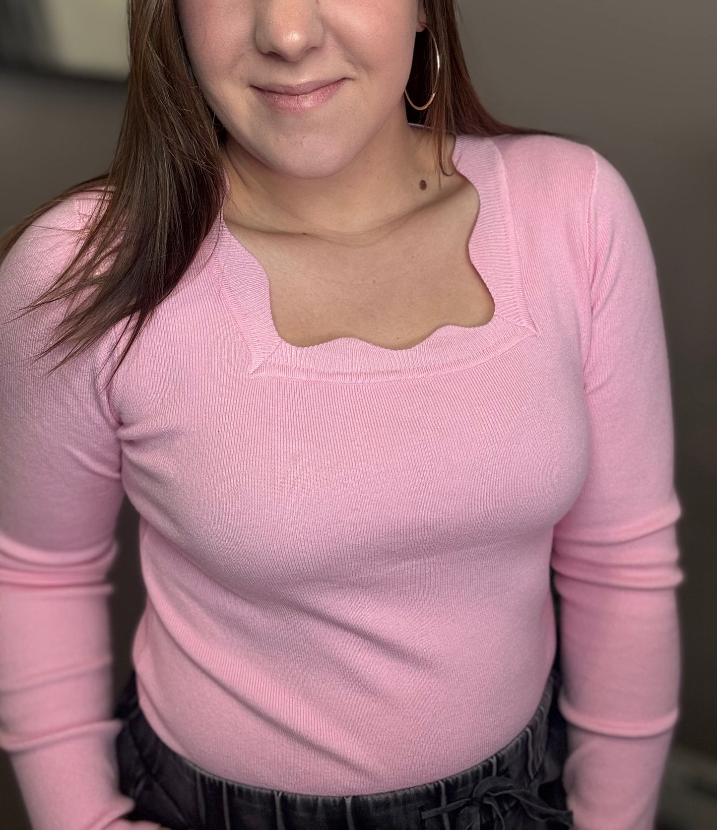 Pink Scalloped Neck Long Sleeve