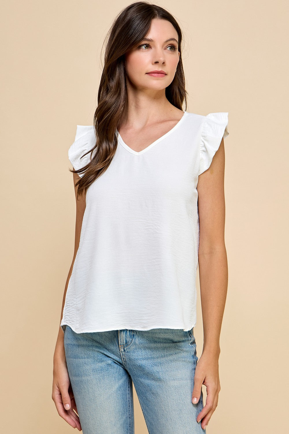 Solid Top with V Neck Detail and Ruffled Sleeves