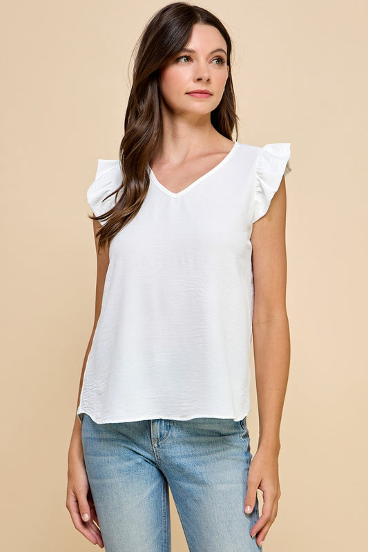 Solid Top with V Neck Detail and Ruffled Sleeves