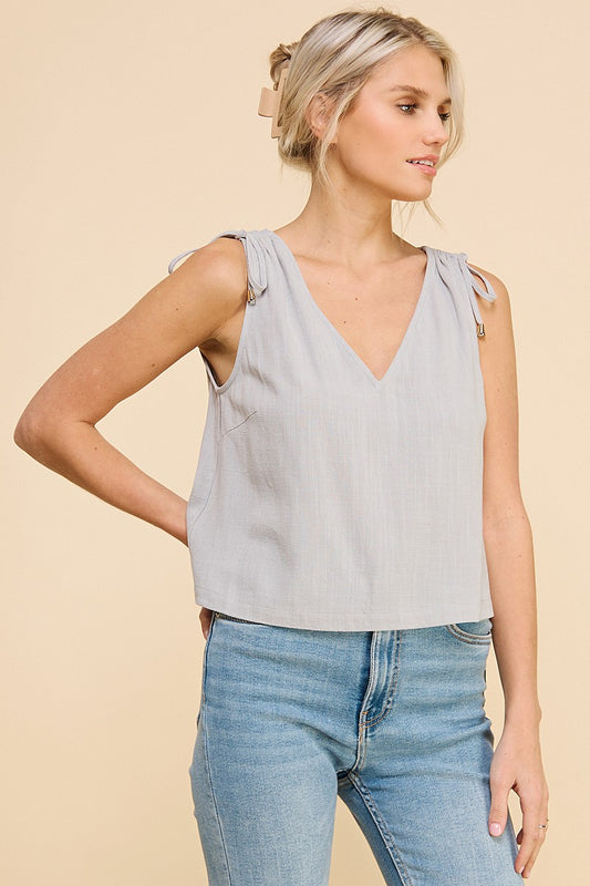 Linen Blend Tank with Shoulder Drawstring Detail