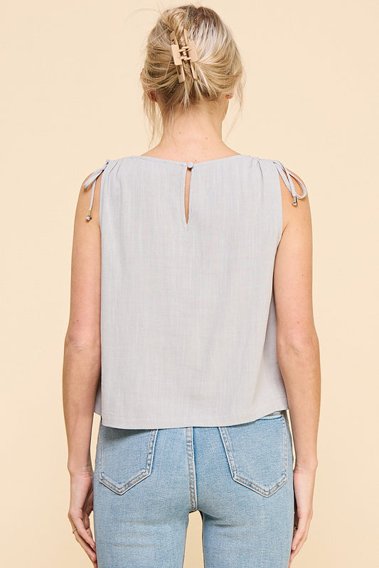 Linen Blend Tank with Shoulder Drawstring Detail