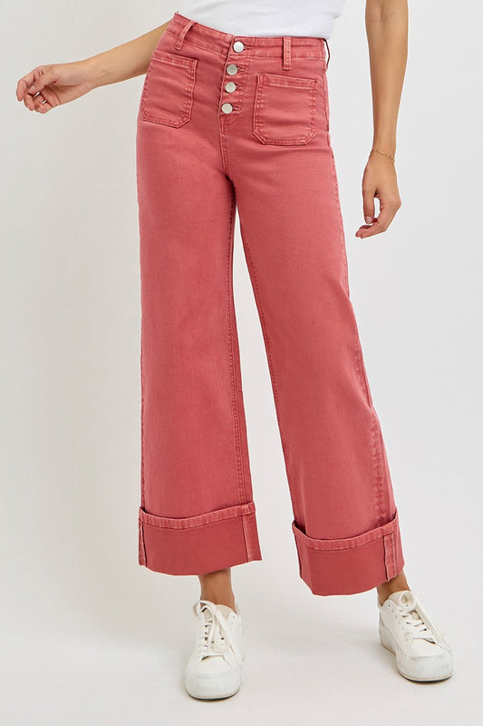 High Rise Wide Leg Salmon Cuffed Jean