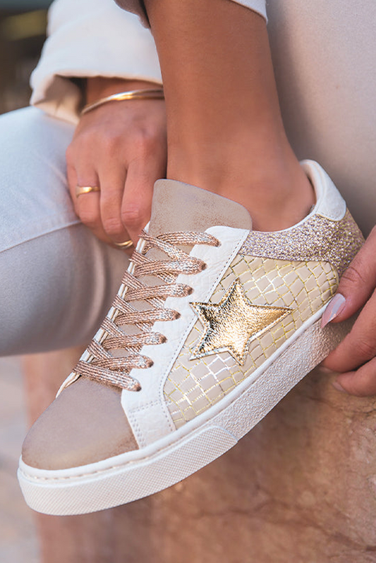 Gold Glitter Star Patchwork Leather Sneakers