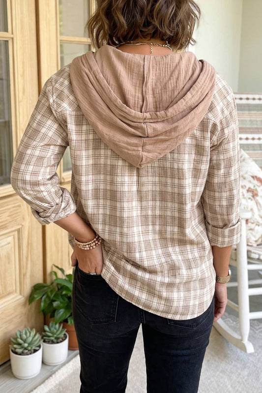 Checkered Print Loose Fit Buttoned Hooded Shacket