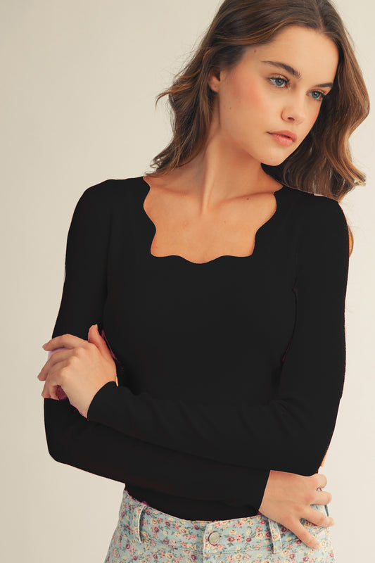 Black Scalloped Neck Long Sleeve