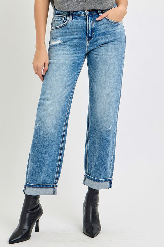 High Rise Ankle Boyfriend Distressed Jeans